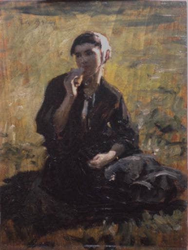 Woman sitting in a meadow by Jules Breton — Oil Painting Reproduction