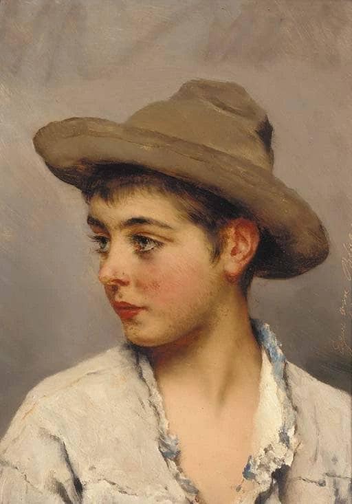 A young boy wearing a stetson by Eugene de Blaas — Oil Painting Reproduction