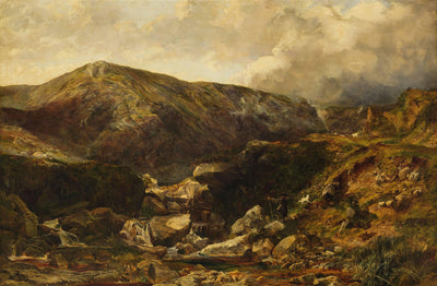 Landscape with shepherd, dog and sheep in entryway