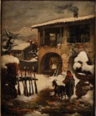 Snowy landscape with figures in kitchen