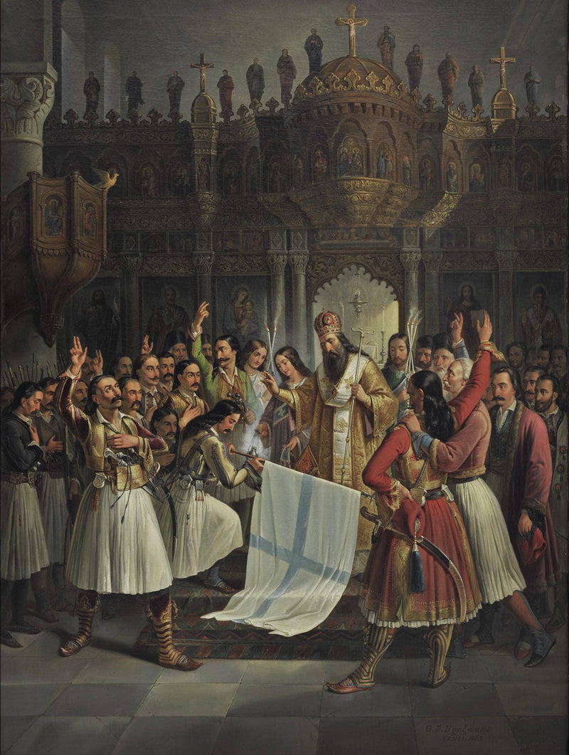 The Old Patras Germanos blesses the flag of the Revolution by Theodoros Vryzakis — Oil Painting Reproduction