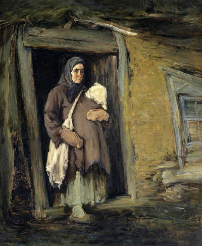 Peasant Woman Leaving a Hut in modern living room