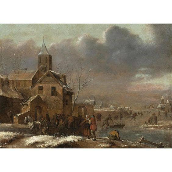 Large winter landscape with skaters by Klaes Molenaer — Oil Painting Reproduction