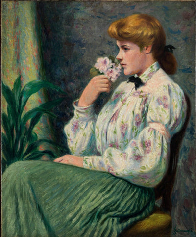 Portrait of girl with flower in hallway
