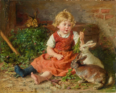 Girl feeding rabbits in study