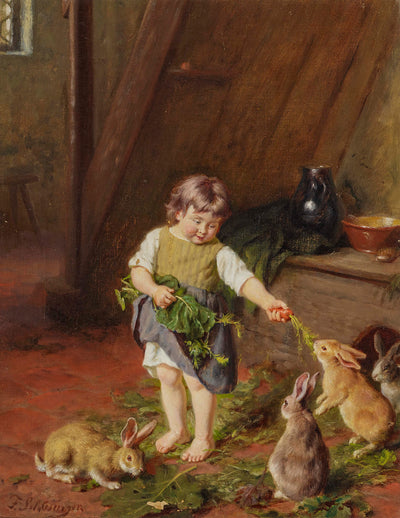 Girl feeding rabbit in study