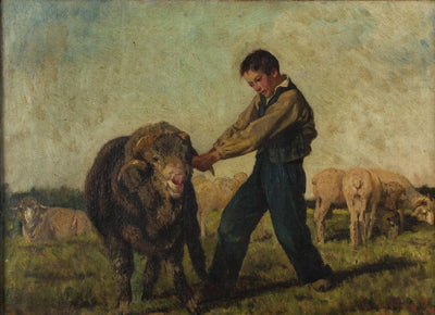 A young peasant leads a ram to the spring in kitchen