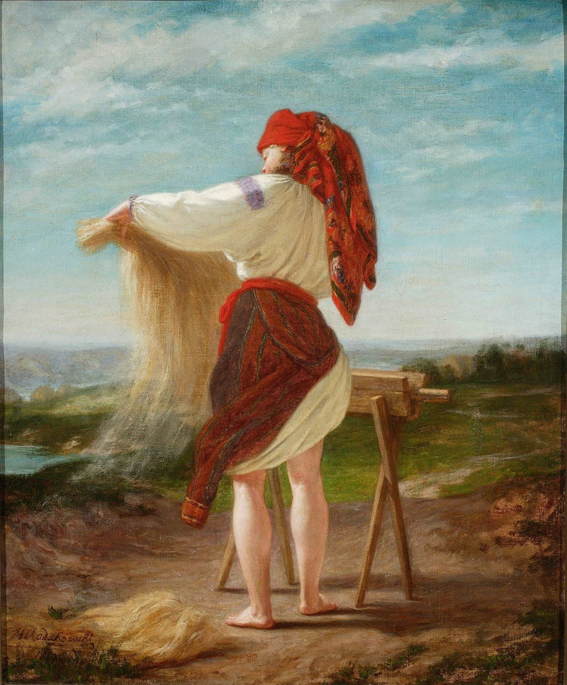 A Peasant Who Fawns with Flax by Henryk Rodakowski — Oil Painting Reproduction