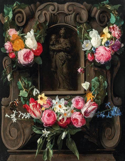 Swags of flowers surrounding a cartouche with the Virgin and Child in modern living room