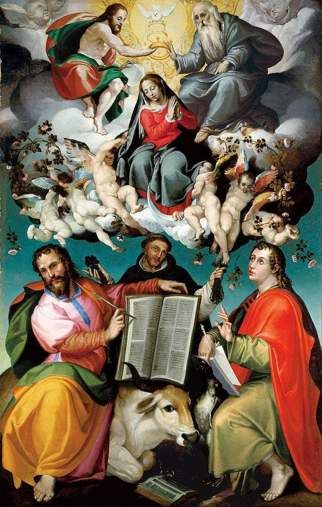 The Coronation of the Virgin with Saints Luke, Dominic, and John the Evangelist by Bartolomeo Passerotti — Oil Painting Reproduction
