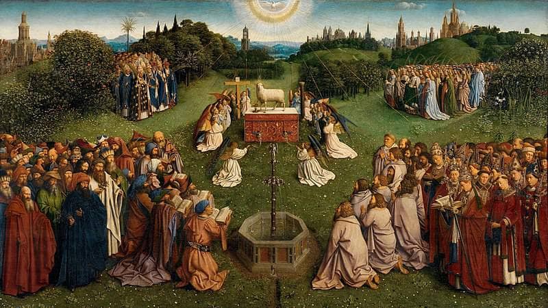 The Ghent Altarpiece. Adoration of the Lamb (detail) by Jan van Eyck — Oil Painting Reproduction