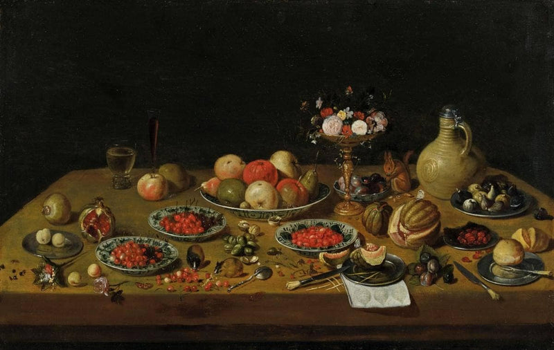 Fruit still life with flower tazza, squirrel, and jar by Jan van Kessel the Elder — Oil Painting Reproduction