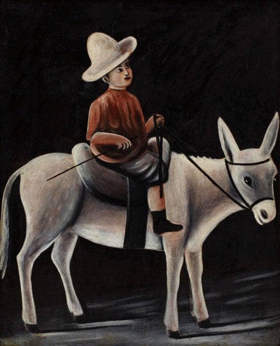 A boy on a donkey in modern living room