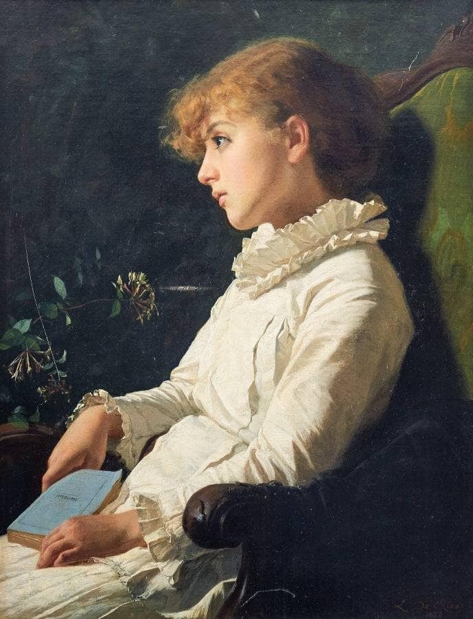 A daydreaming girl with a book by Manzoni in her lap by Luigi Da Rios — Oil Painting Reproduction