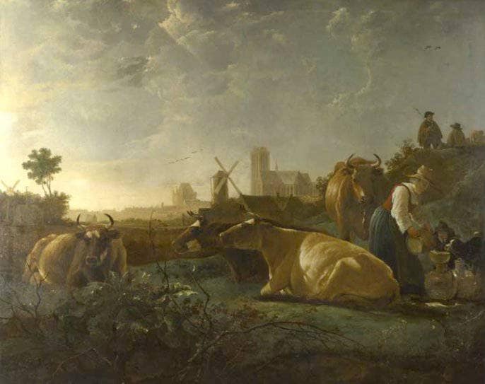 A Distant View of Dordrecht, with a Milkmaid and Four Cows by Aelbert Cuyp — Oil Painting Reproduction