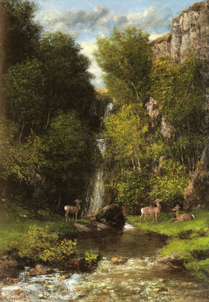 A Family of Deer in a Landscape with a Waterfall by Gustave Courbet — Oil Painting Reproduction