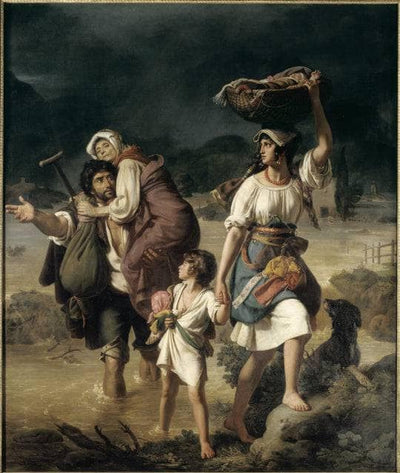 A family of peasants surprised by a prompt overflow of the Tiber flees through the waters in study