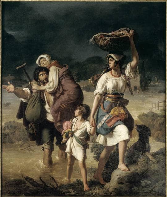 A family of peasants surprised by a prompt overflow of the Tiber flees through the waters by Jean Victor Schnetz — Oil Painting Reproduction