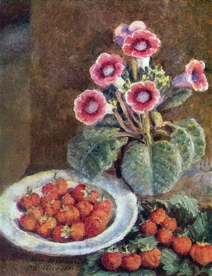 A flower in a pot and strawberries by Ilya Mashkov — Oil Painting Reproduction