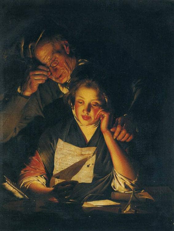 A Girl reading a Letter, with an Old Man reading over her shoulder by Joseph Wright — Oil Painting Reproduction