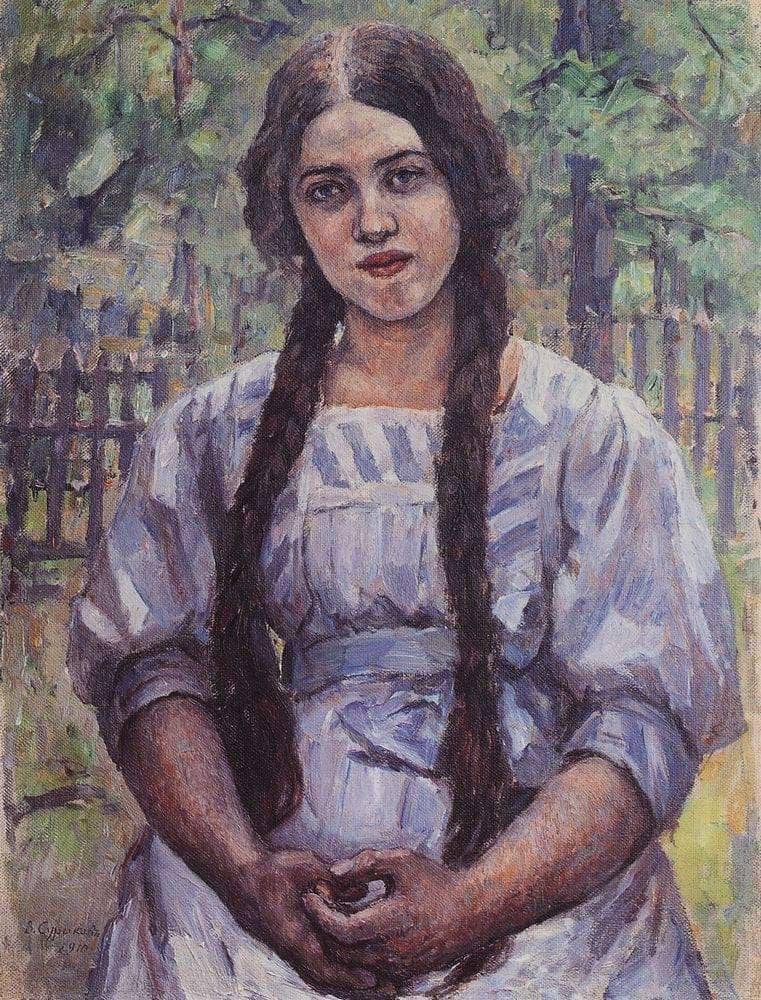 A girl with braids. Portrait of A. A. Dobrinskaya. by Vasily Surikov — Oil Painting Reproduction