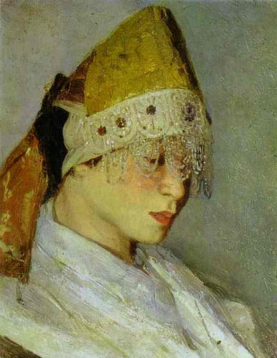 A Girl with Kokoshnik (Woman's Headdress in Old Russia) in home office