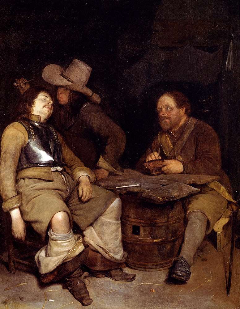 A Guard Room Interior With A Soldier Blowing Smoke In The Face Of His Sleeping Companion by Gerard Terborch — Oil Painting Reproduction