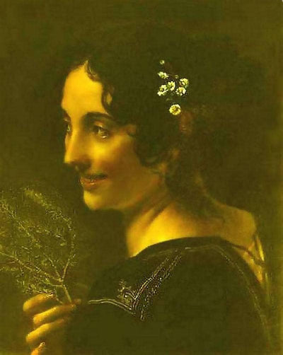A gypsy with a branch of myrtle in hallway