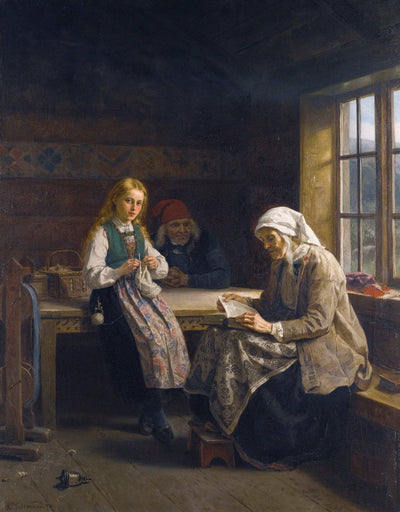 A Hardanger interior, young girl knitting in kitchen