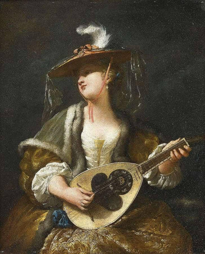 A Lady Playing a Mandolin in hallway
