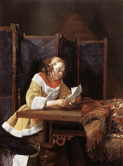 A Lady Reading a Letter in hallway