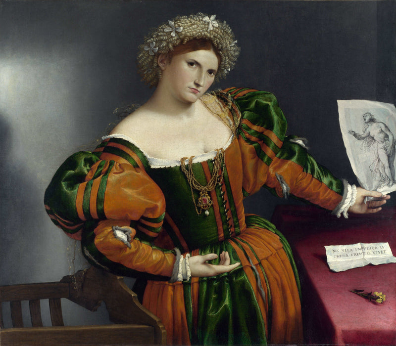 A Lady with a Drawing of Lucretia by Lorenzo Lotto — Oil Painting Reproduction