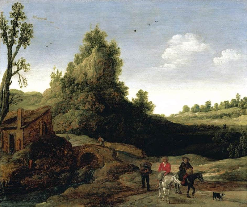 A landscape with travellers crossing a bridge before a small dwelling by Esaias van de Velde — Oil Painting Reproduction
