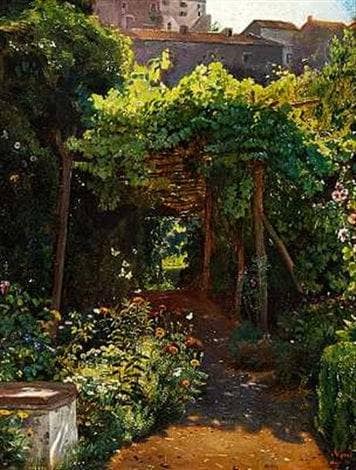 A lush Italian garden by Ernst Meyer — Oil Painting Reproduction