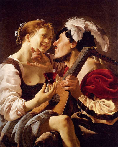A Luteplayer Carousing With A Young Woman Holding A Roemer in kitchen