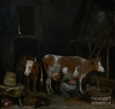 A Maid Milking A Cow In A Barn in master bedroom
