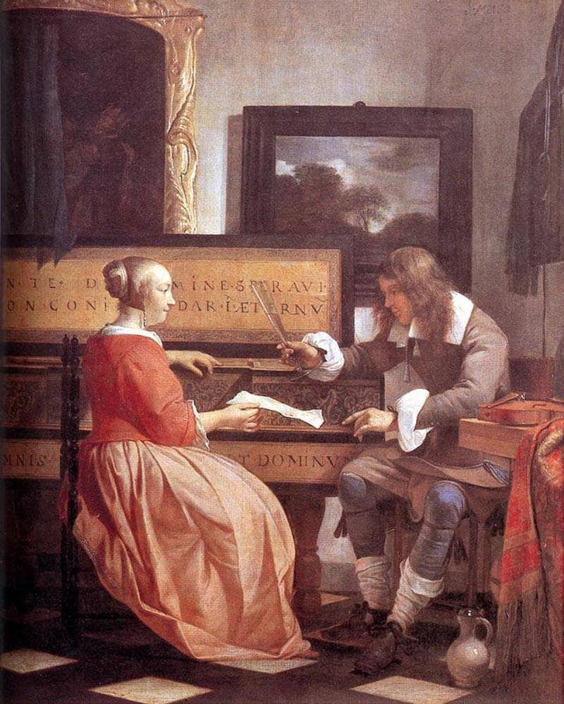 A Man and a Woman Seated by a Virginal by Gabriel Metsu — Oil Painting Reproduction