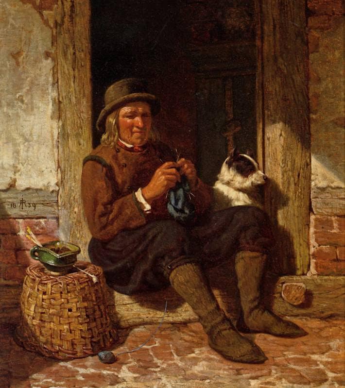 A man seated in a doorway knitting with his dog by Rudolf Jordan — Oil Painting Reproduction