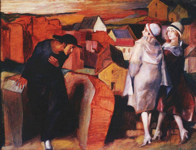 A Meeting. Jewish Youth and Two Women in the Town Alley in apartment