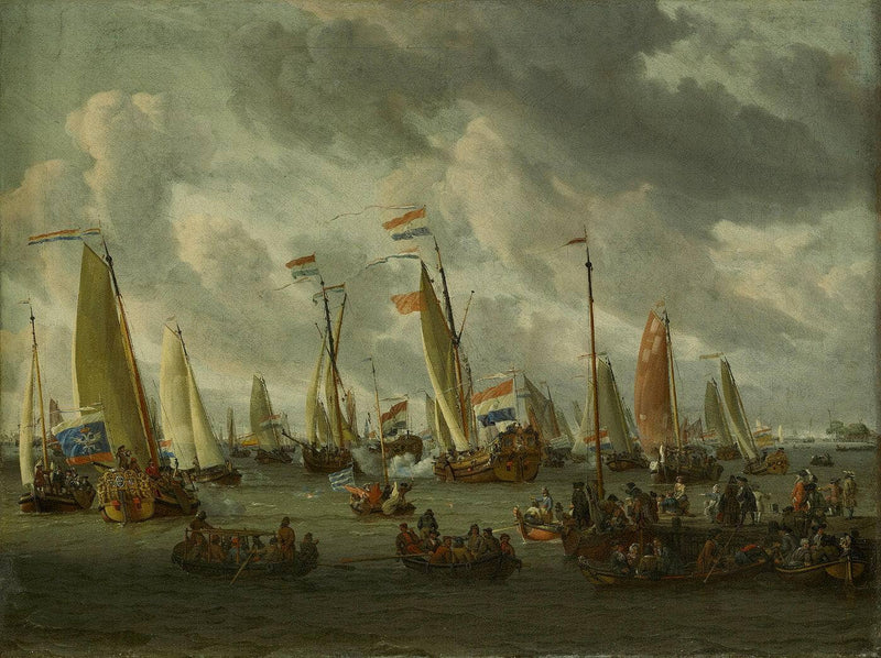 A Mock Sea Battle on the Ij, in Honour of the Russian Ambassadors-mock Battle on the Ij on the Occasion of Czar Peter the Great's Visit, 1 September 1697 by Abraham Storck — Oil Painting Reproduction