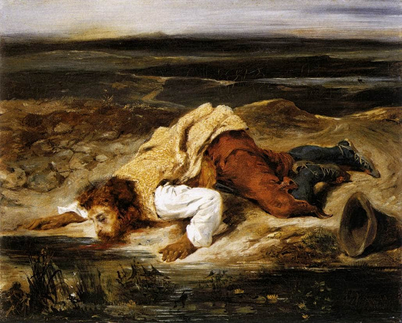 A Mortally Wounded Brigand Quenches his Thirst by Eugene Delacroix — Oil Painting Reproduction