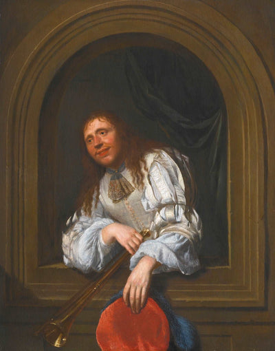 A Musician, Holding a Trumpet and a Hat, Leaning over a Stone Niche in hallway