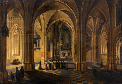 A Nocturnal Interior of a Gothic Cathedral with a Candlelit Procession in kitchen