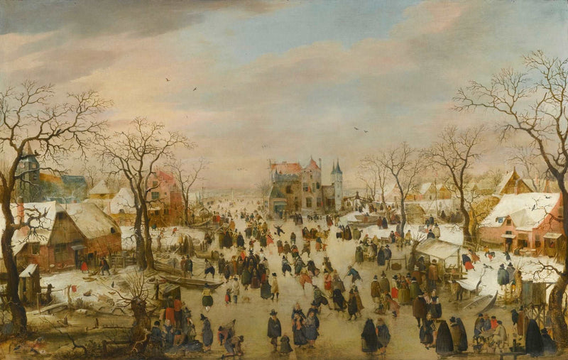 A Panoramic Winter Landscape with a Multitude of Figures on a Frozen River by Hendrick Avercamp — Oil Painting Reproduction