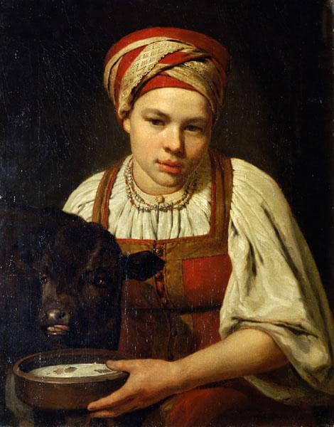 A Peasant Girl with a Calf by Alexey Venetsianov — Oil Painting Reproduction
