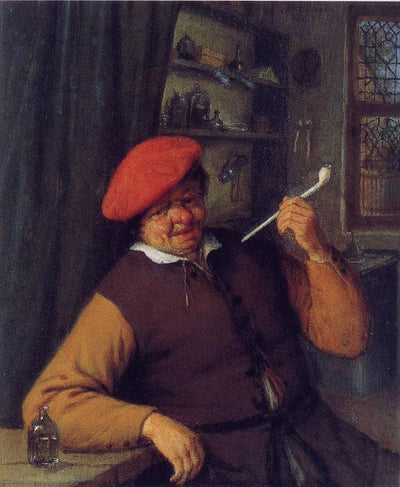 A Peasant in a Red Beret Smoking a Pipe in living room