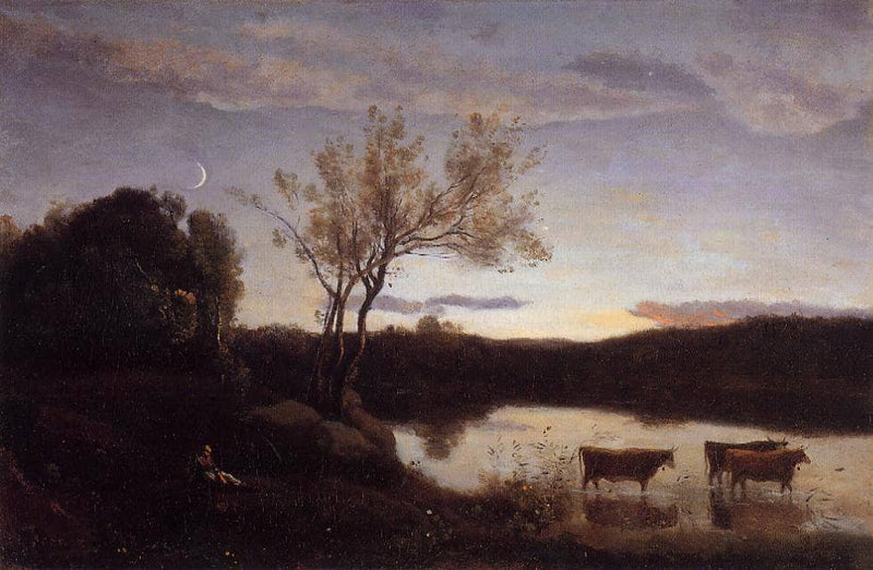 A Pond with three Cows and a Crescent Moon by Camille Corot — Oil Painting Reproduction