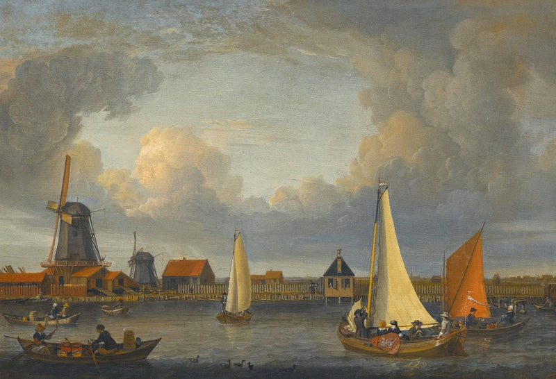 A River Landscape with Fishermen in Rowing Boats, Windmills Beyond by Abraham Storck — Oil Painting Reproduction