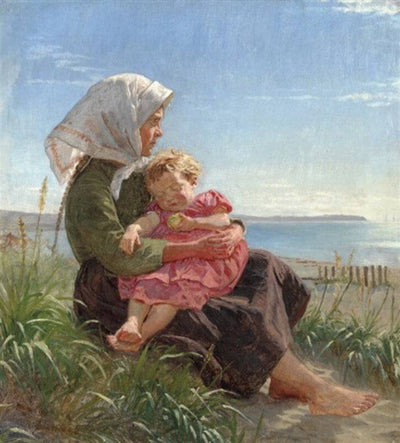 A small barefoot Fisher girl sitting by Hornbæk Beach in living room