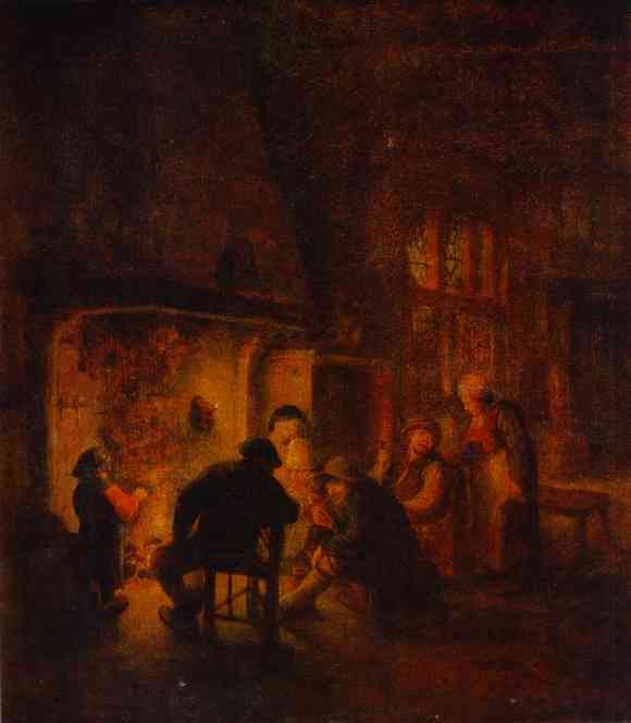 A Talk at Fireplace by Adriaen van Ostade — Oil Painting Reproduction